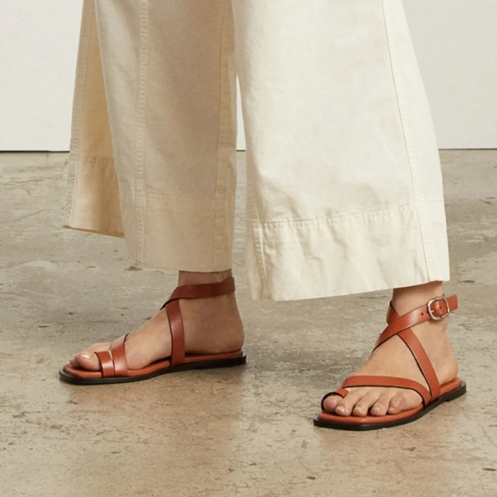 Everlane Italian Leather Wrap Sandals Sz 7 Classic Minimalist Style Adobe Brown - Picture 2 of 12